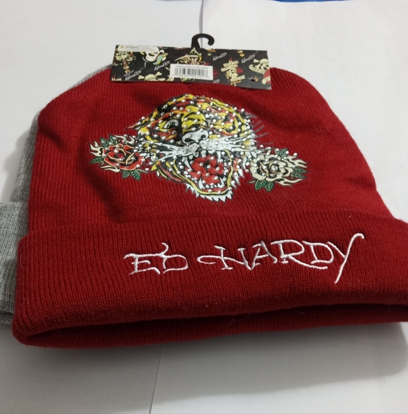 Ed Hardy Red & Gray Serbian Hill Roaring Tiger Tattoo Cap/Beanie Set - Picture 2 of 10